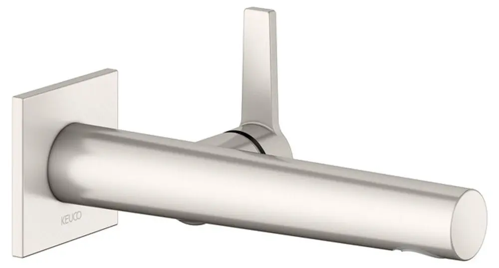 Wandmontierter Mischer von Keuco mit schlanker, runder Auslauf. Der Auslauf ist in Nickel gebürstet und hat eine minimalistische Form.